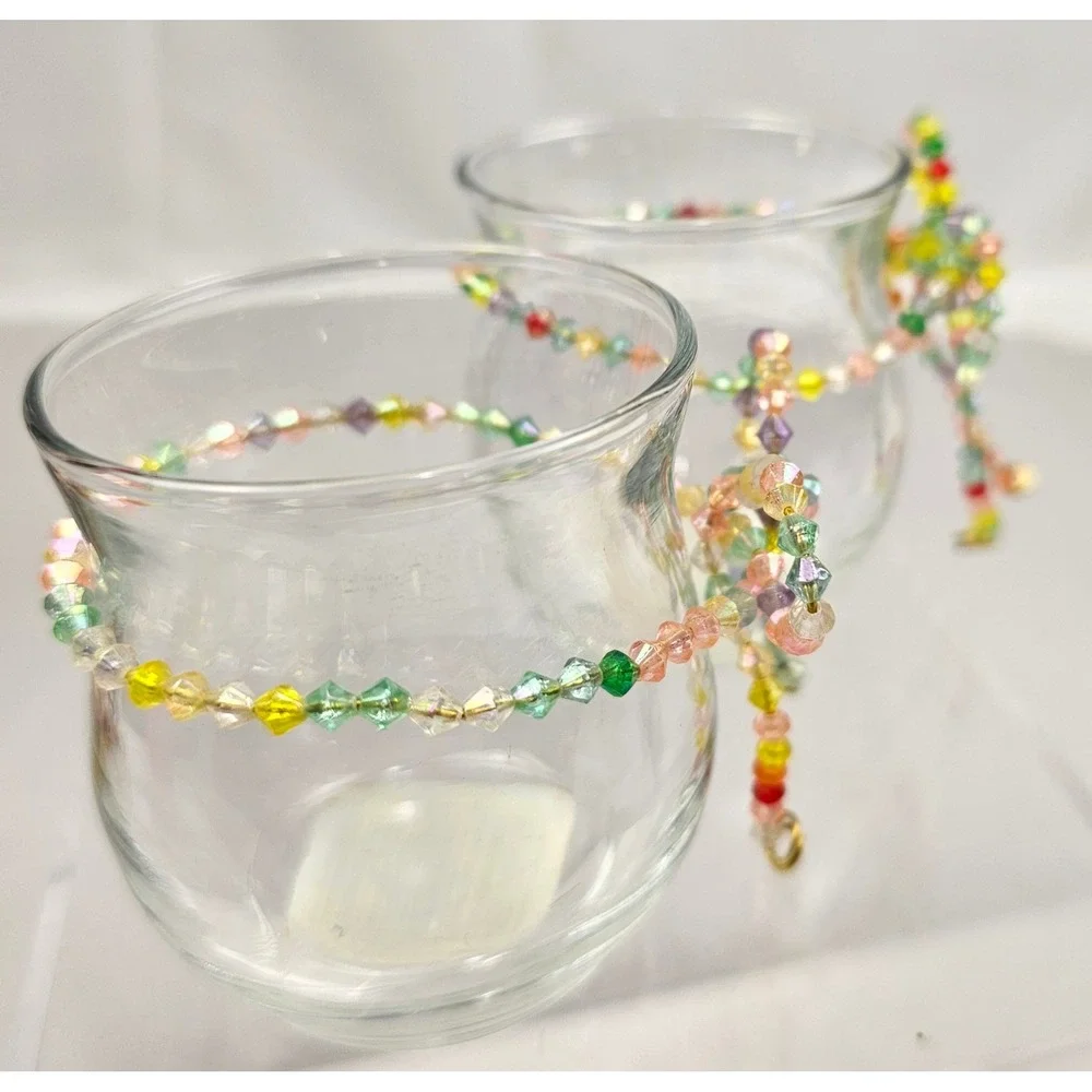 Anchor Hocking Clear Glass Votive Candle Holders Beaded Bow Set of‎ 2 88638 USA